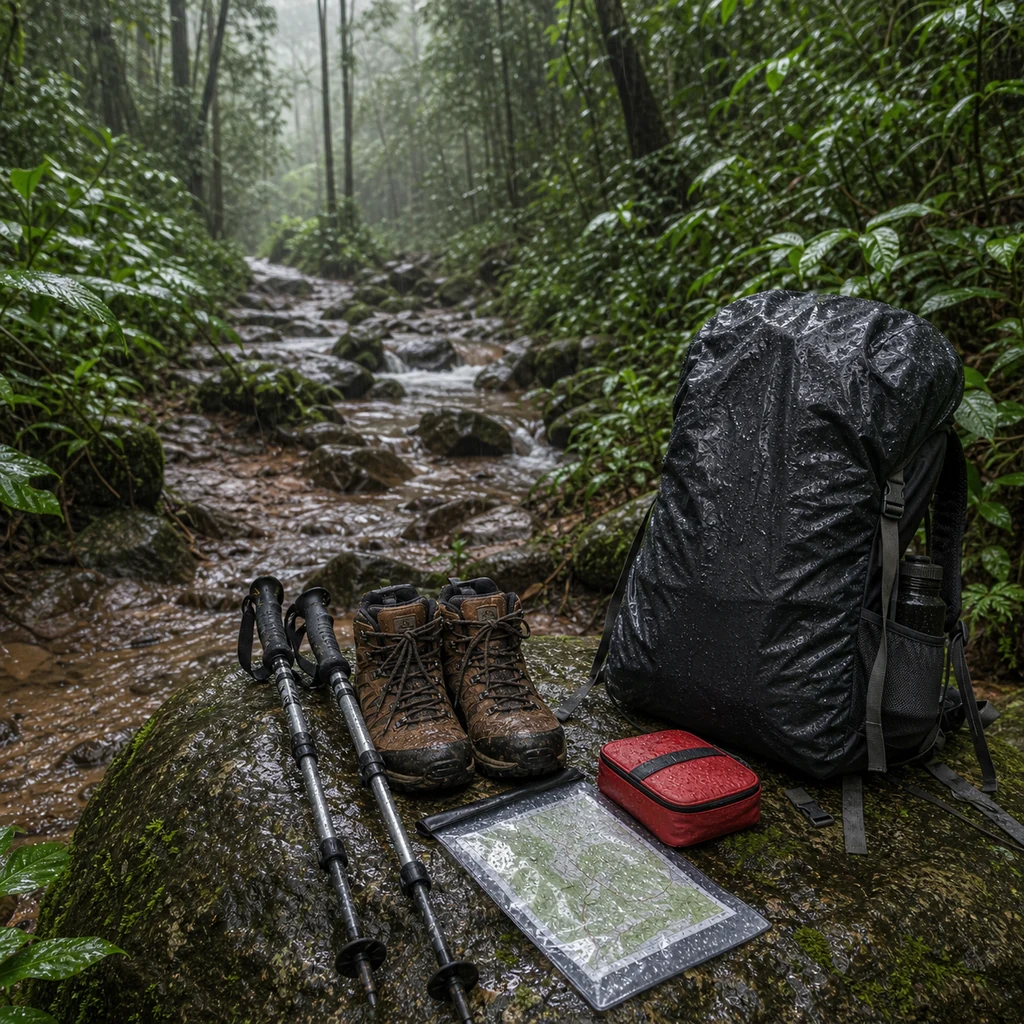 monsoon camping trail safety gear with waterproof boots trekking poles map and first aid kit