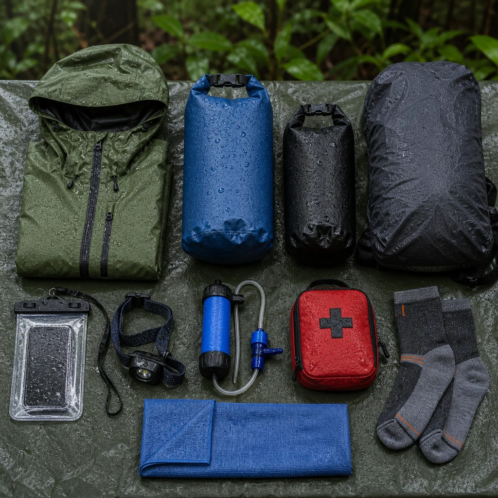 monsoon camping waterproof gear with rain jacket dry bags headlamp water filter and first aid kit