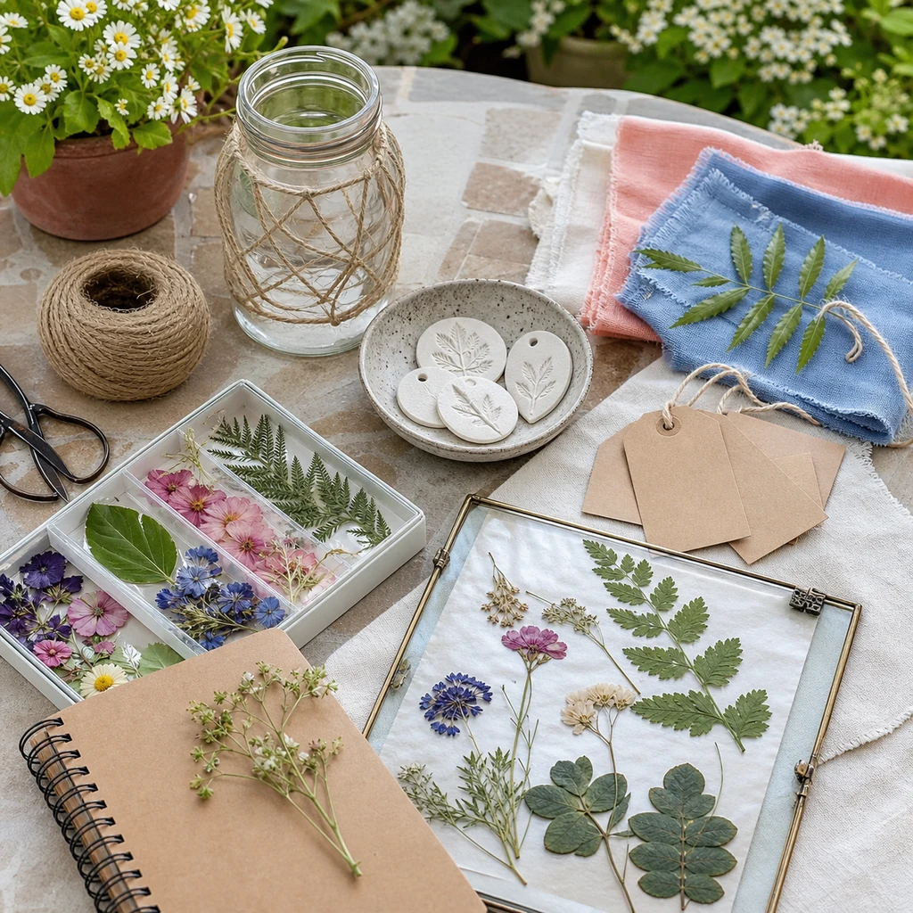 Nature inspired DIY craft materials with pressed flowers, twine, jars, clay, and fabric swatches