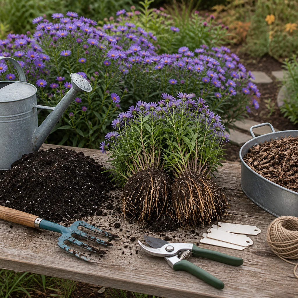 New England aster care setup with pruning shears, garden fork, divided aster clump, compost, mulch, and watering can