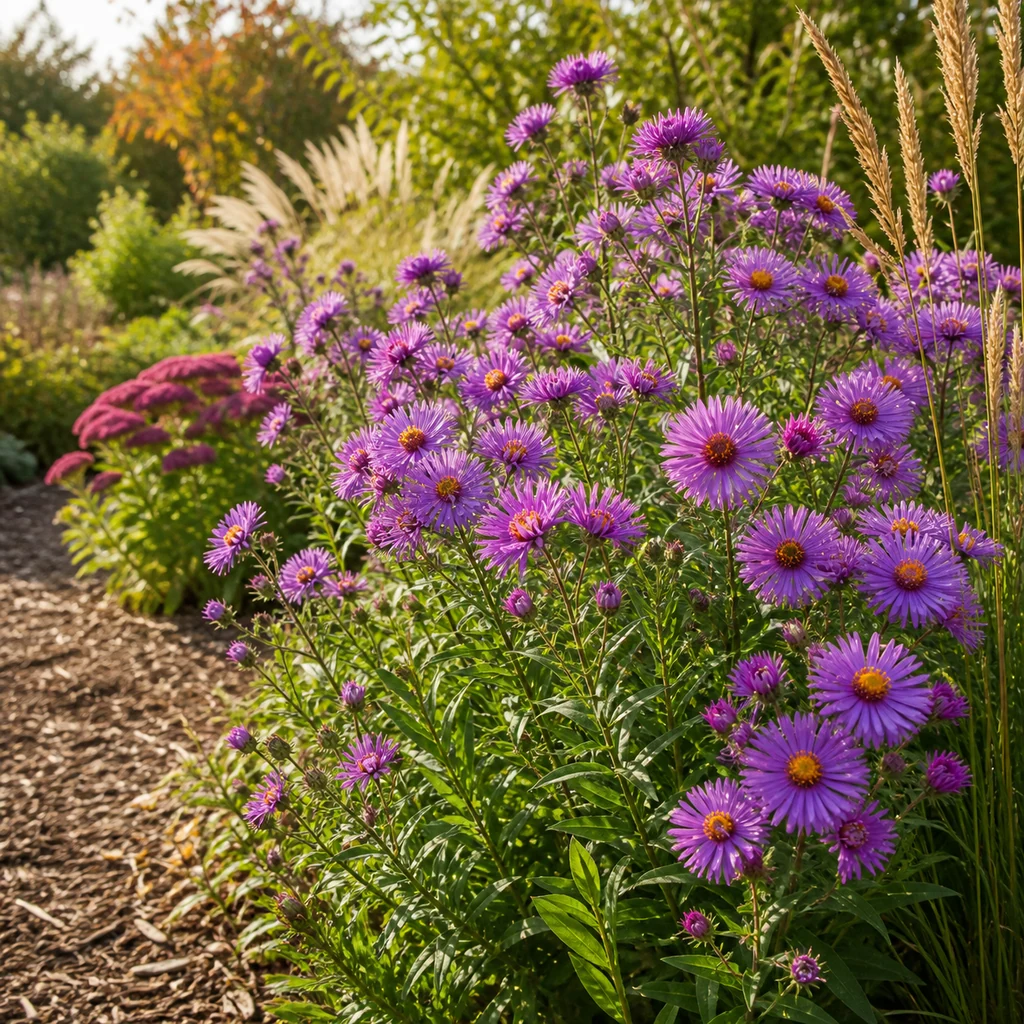 New England asters blooming with purple and pink flowers in a sunny fall perennial garden border