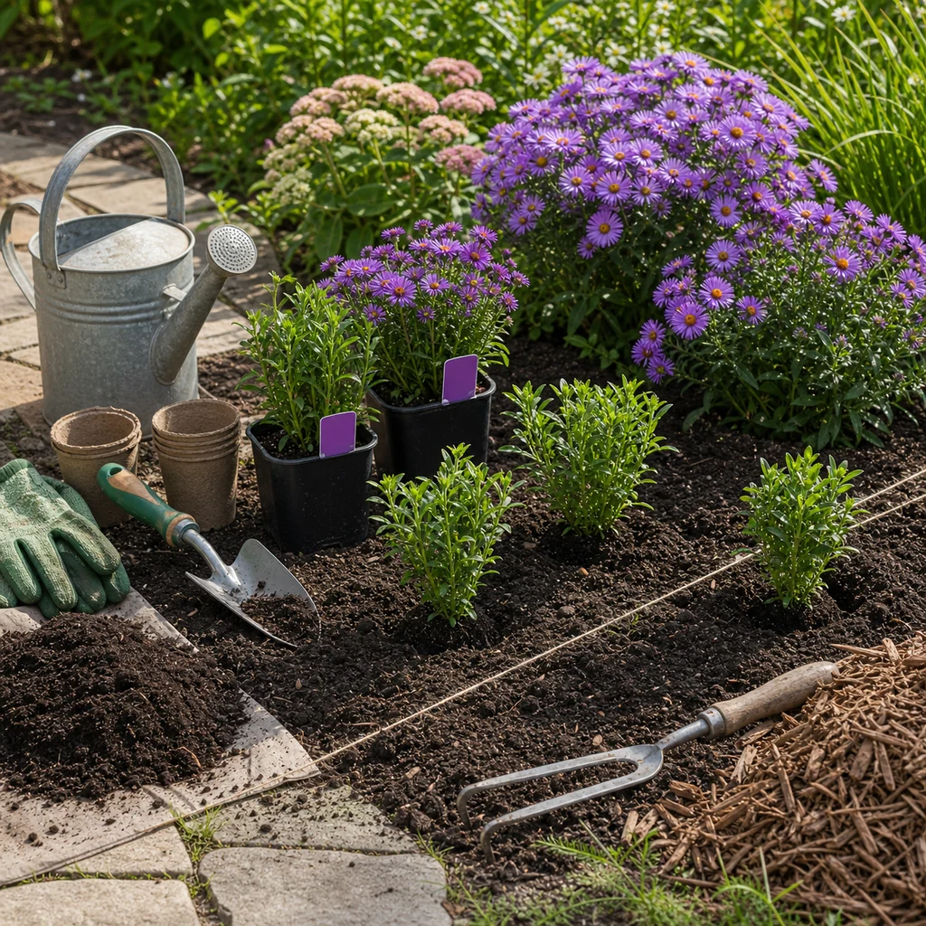 Planting New England asters with young plants, trowel, gloves, compost, mulch, watering can, and plant tags