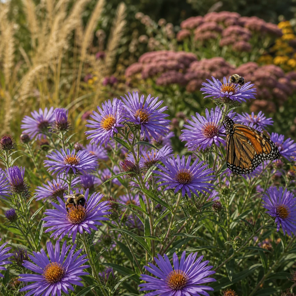 New England asters attracting bees and butterflies in a late season pollinator garden
