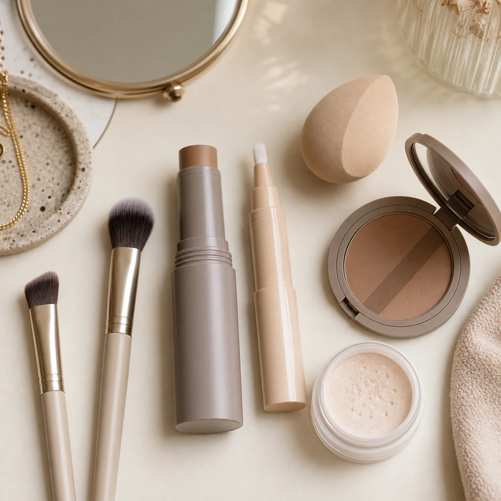 Nose contour makeup products with contour stick, concealer, powder, sponge, and brushes