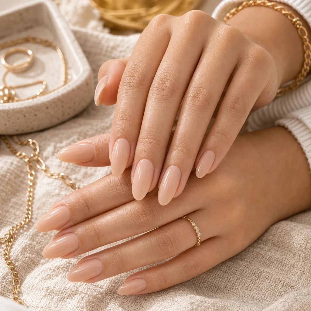 Nude almond summer nails with glossy beige polish and elegant neutral finish
