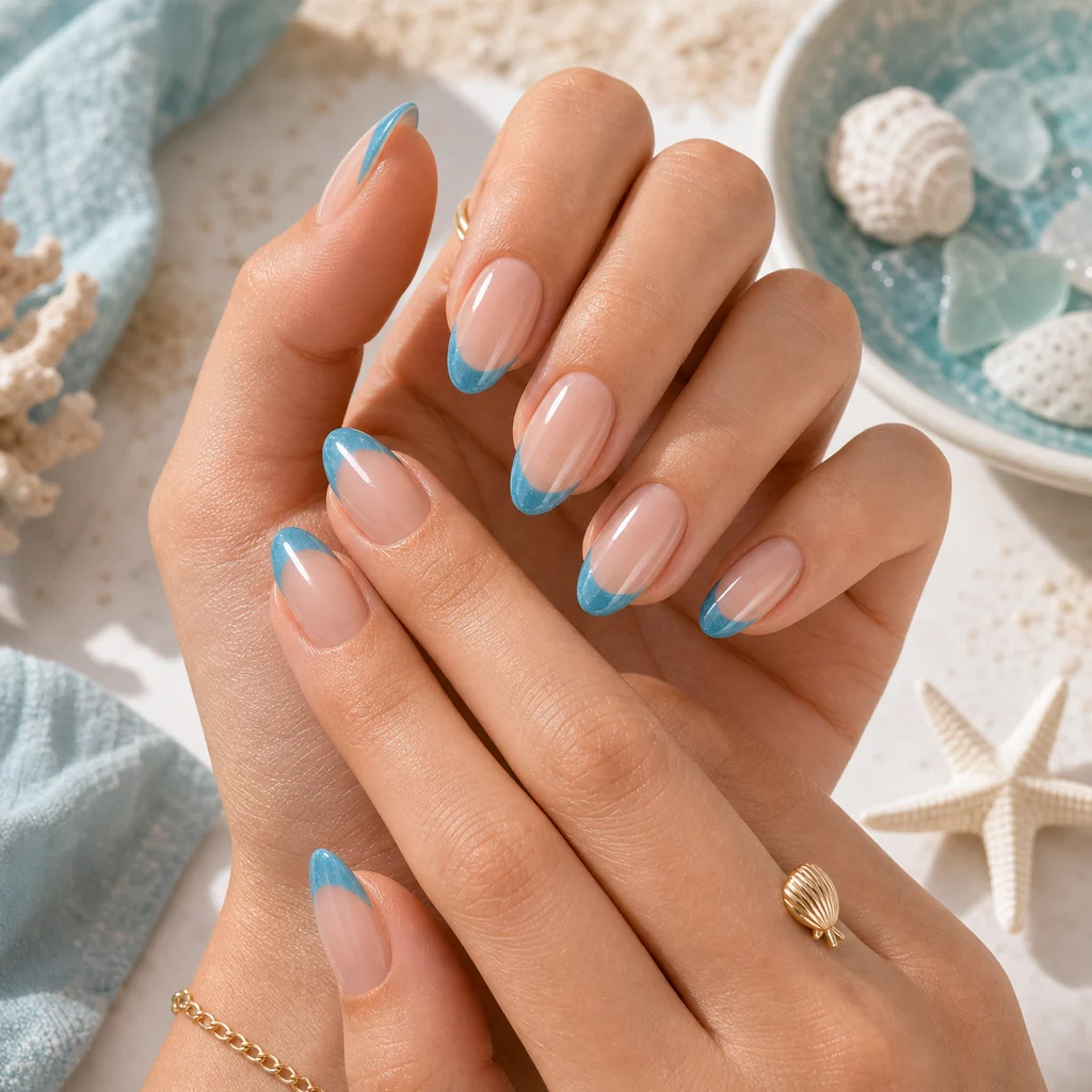 Ocean blue French tip nails with sheer nude base and glossy summer finish