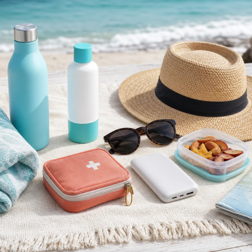 Beach day essentials including sunscreen water towel hat first aid kit and map