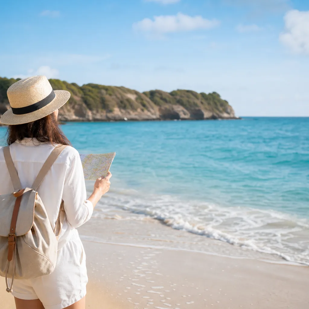 Traveler planning an ocean day while looking at a calm beach shoreline
