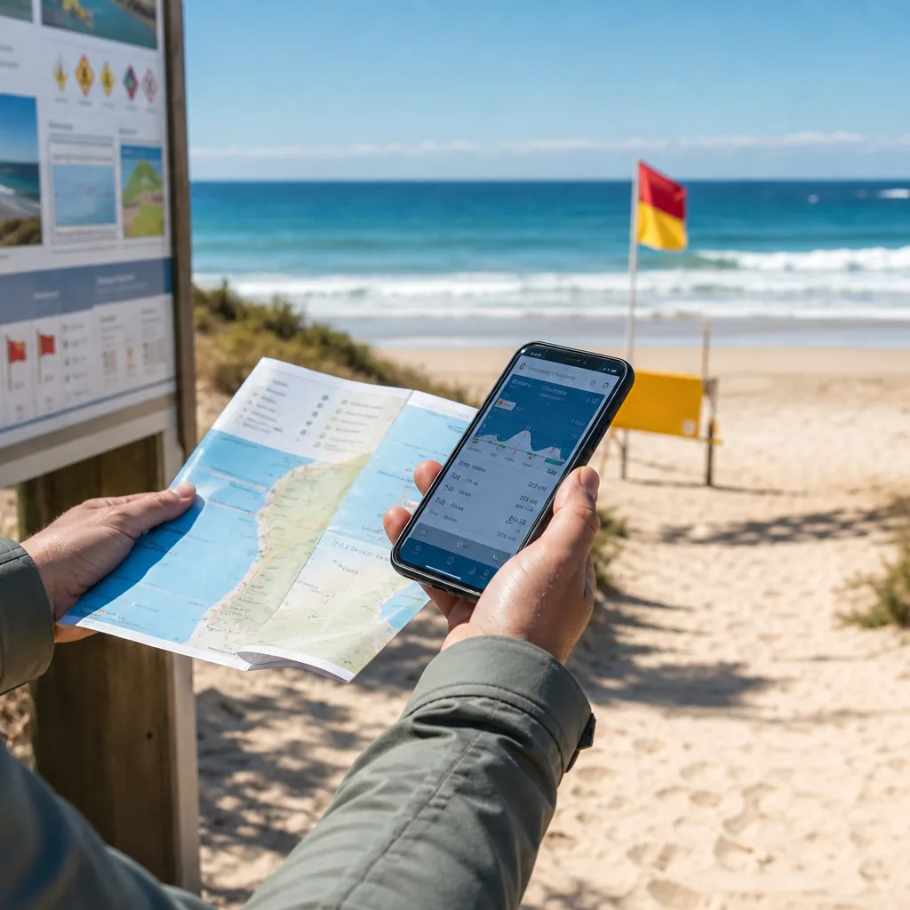 Person checking tide and beach safety information before going to the ocean