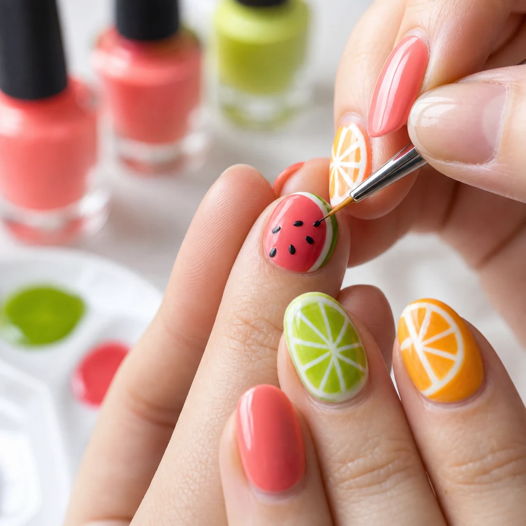 Fine detail brush painting watermelon seeds and citrus lines on summer nails