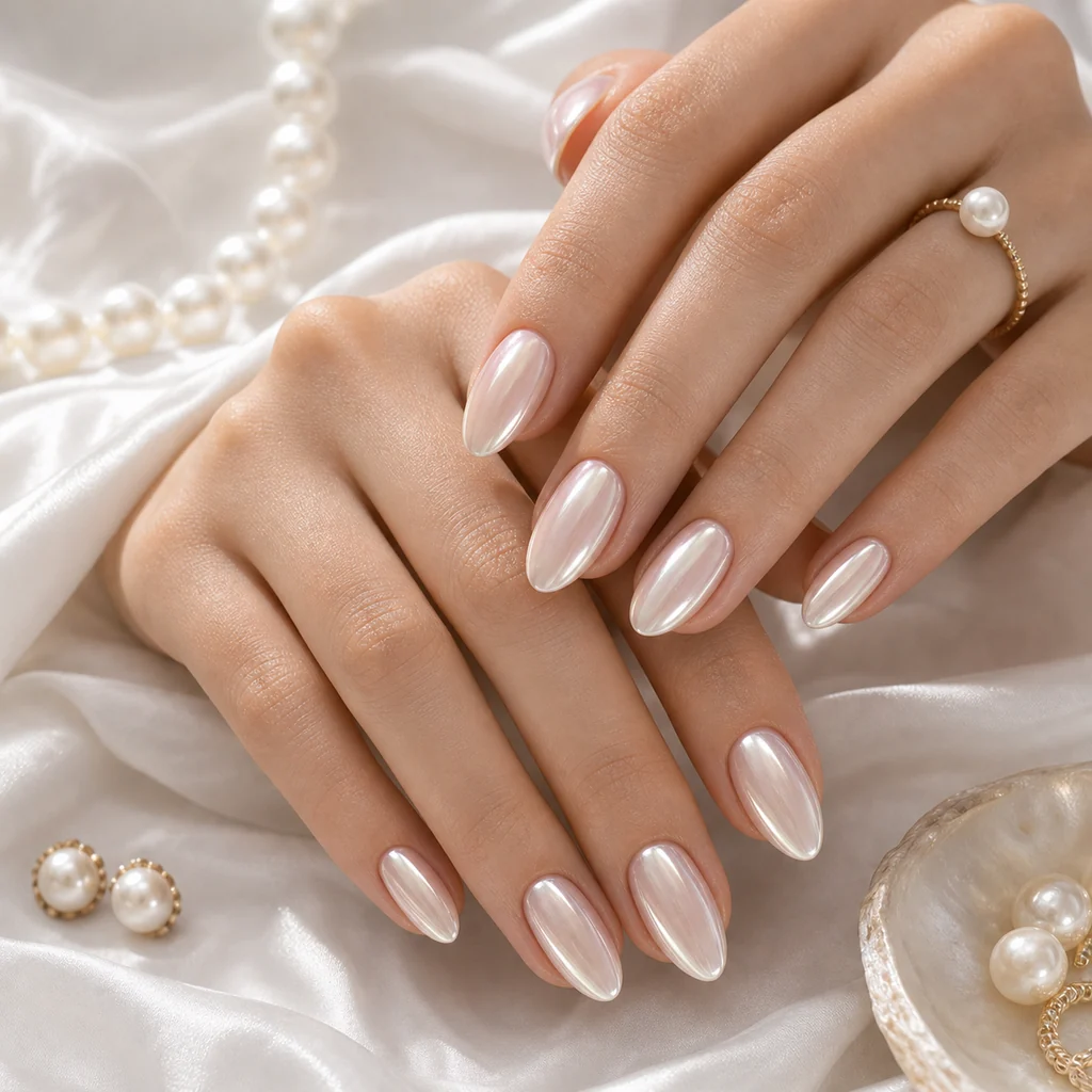 Pearl glazed summer nails with luminous milky pink white finish