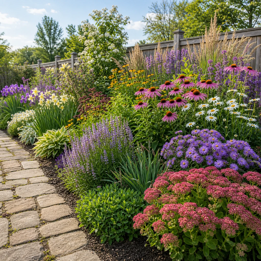 perennial bloom succession border with spring summer and fall color groups along a garden path
