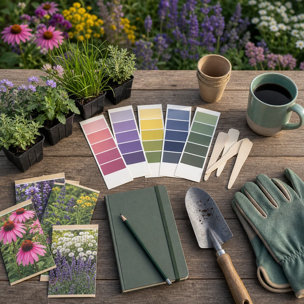 perennial garden color planning tools with seedlings plant tags swatches gloves and trowel