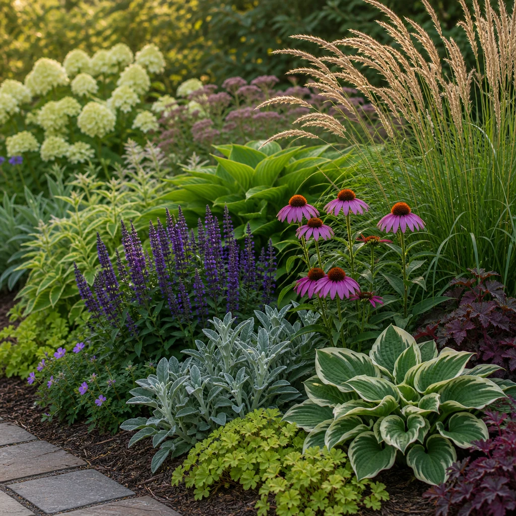 perennial foliage texture combination with grasses hosta silver leaves salvia and coneflowers