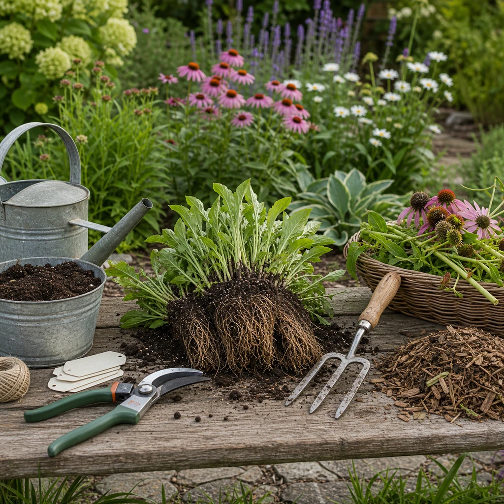 Perennial garden maintenance tools with pruning shears, garden fork, divided perennial clump, compost, mulch, and watering can