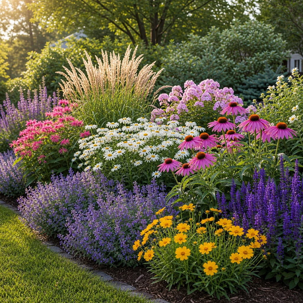 perennial plant combinations for color with coneflowers salvia coreopsis daisies and ornamental grasses