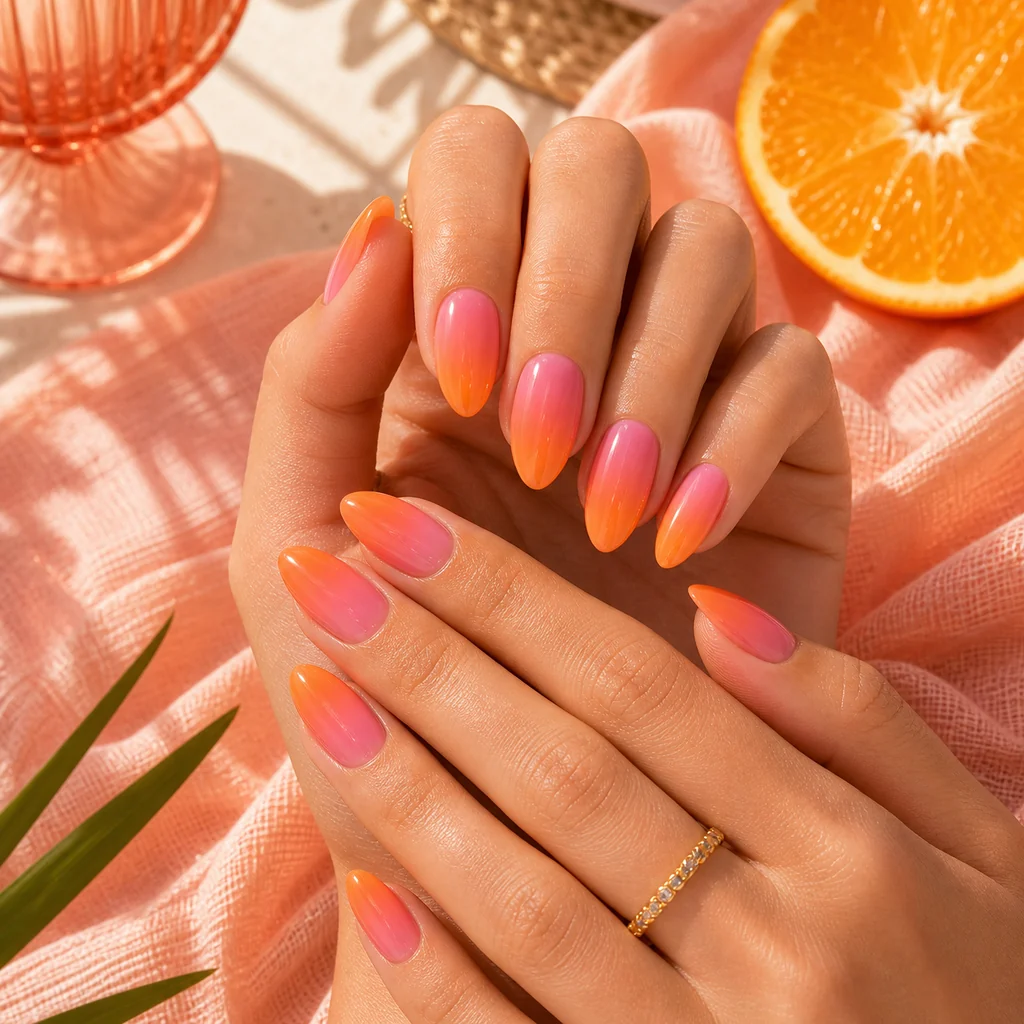 Pink and orange gradient summer nails with glossy ombre manicure