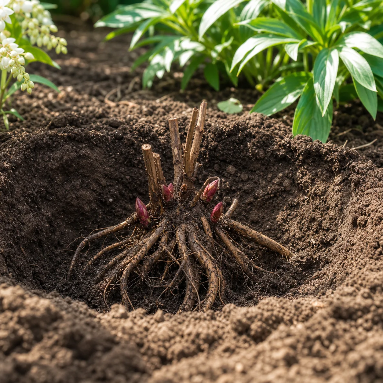 Positioning bare-root peony eyes shallowly in the soil before planting