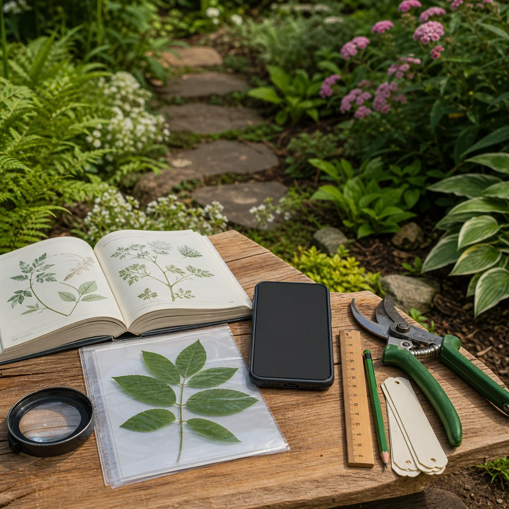 Field plant identification tools with hand lens, field guide, ruler, phone, plant tags, pencil, and collected leaf sample