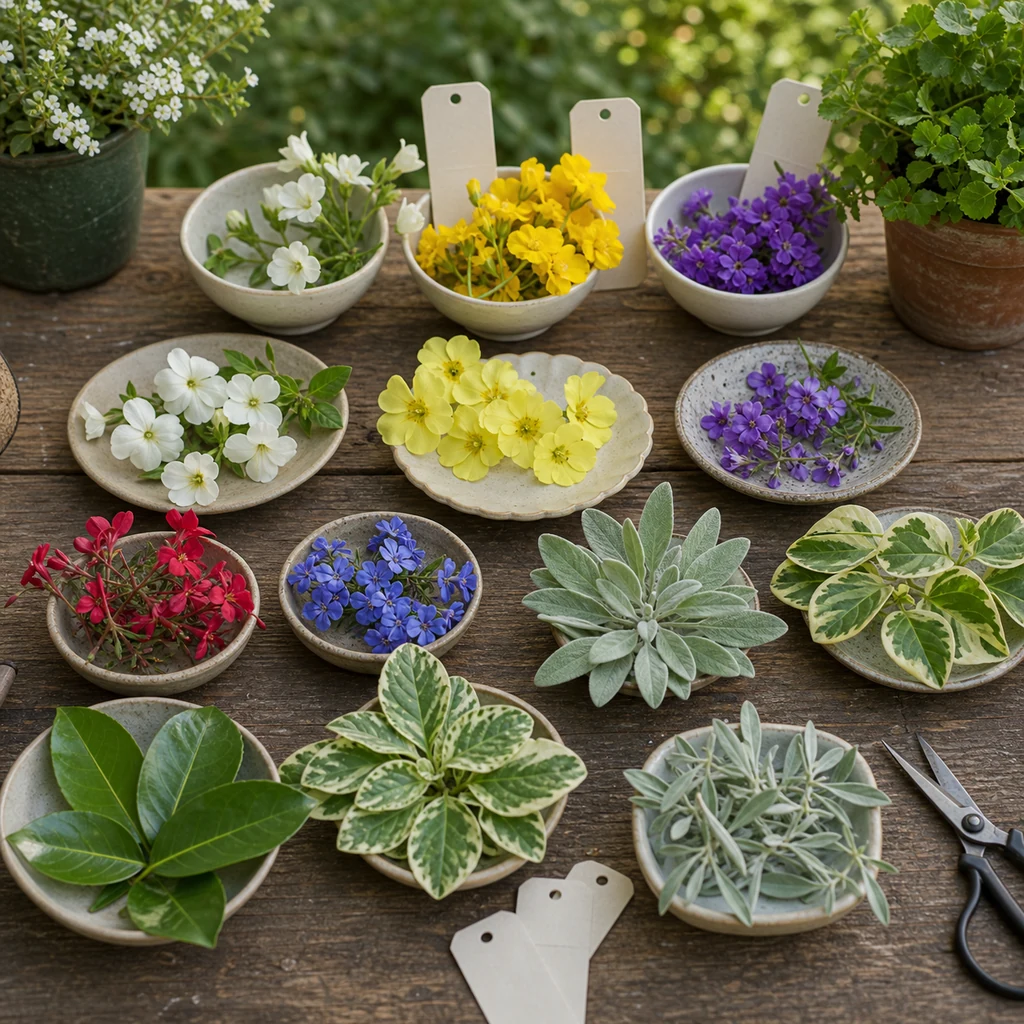 Flower and foliage color samples for plant identification with grouped blooms, variegated leaves, and garden tools