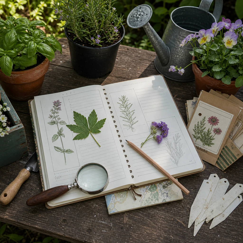 Garden notebook for plant identification with sketches, pressed leaf, flower sample, hand lens, pencil, and plant tags