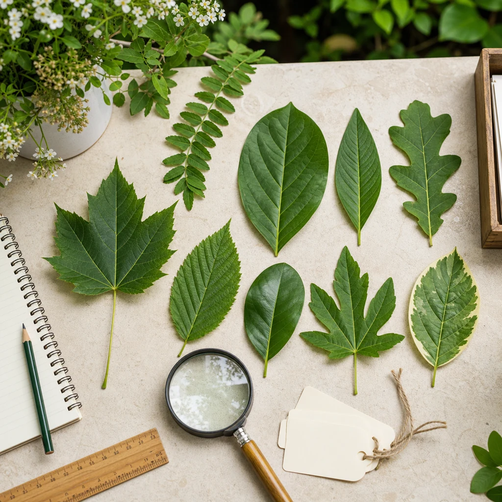 Plant identification leaf comparison with different leaf shapes, magnifying glass, notebook, ruler, and plant tags