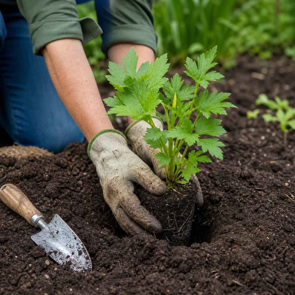 Gardener planting a young delphinium in rich well drained soil