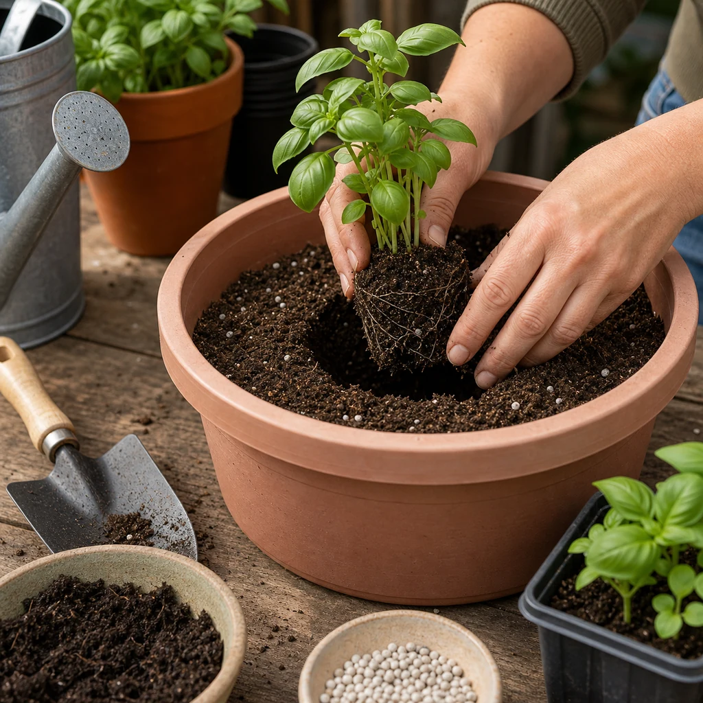 Planting a young seedling into potting mix in a container garden