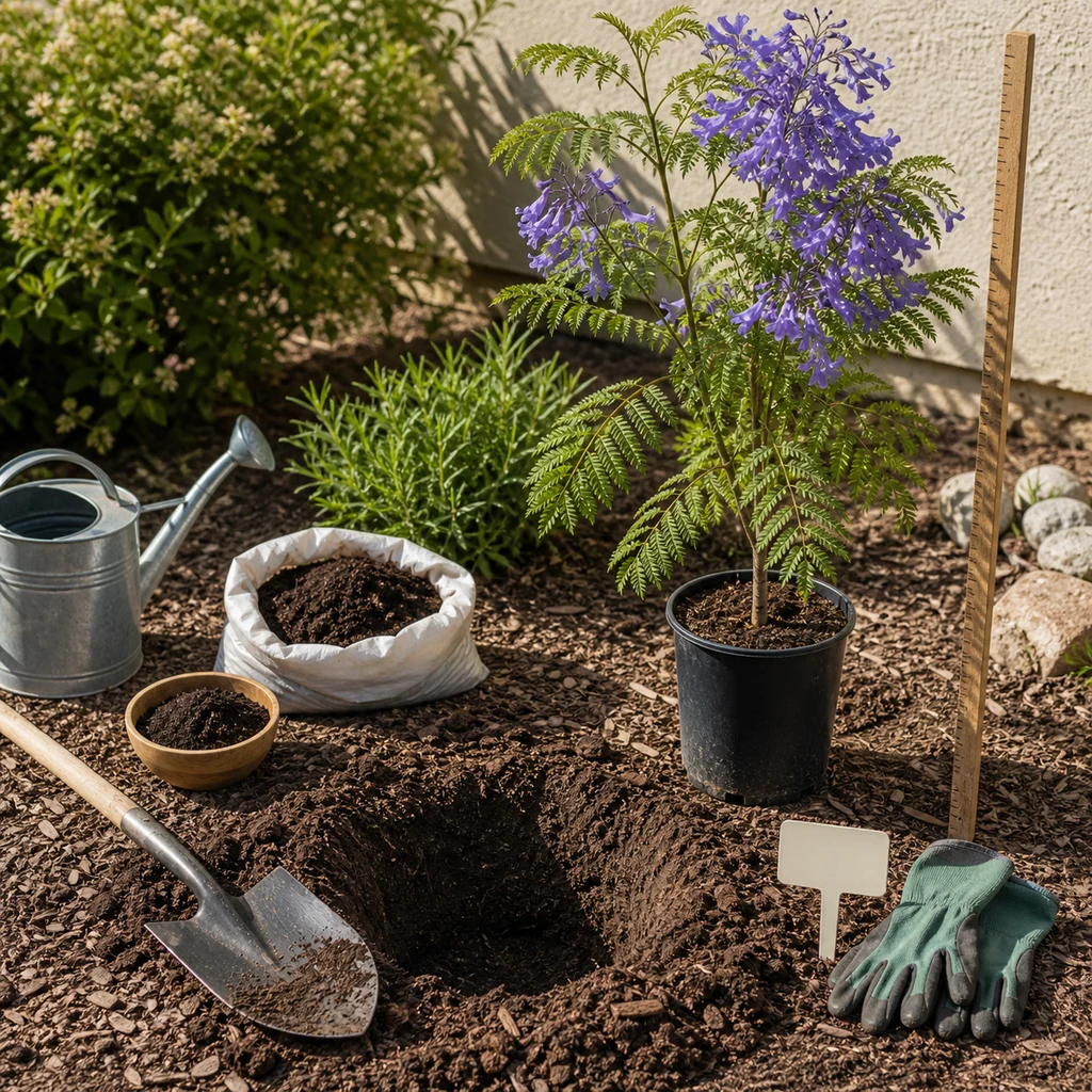 Planting a young jacaranda purple flowering tree with compost, shovel, watering can, mulch, and planting hole