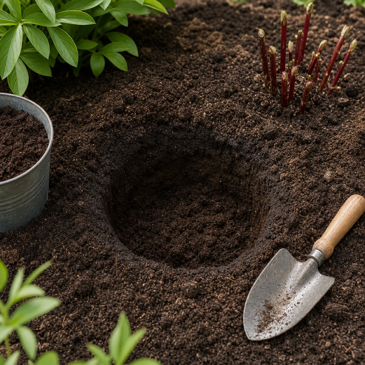 Preparing rich loose soil and a planting hole for peonies