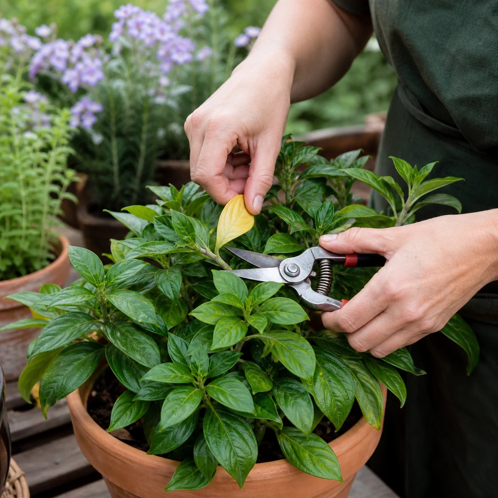 Gardener pruning a healthy leafy plant with clean hand pruners