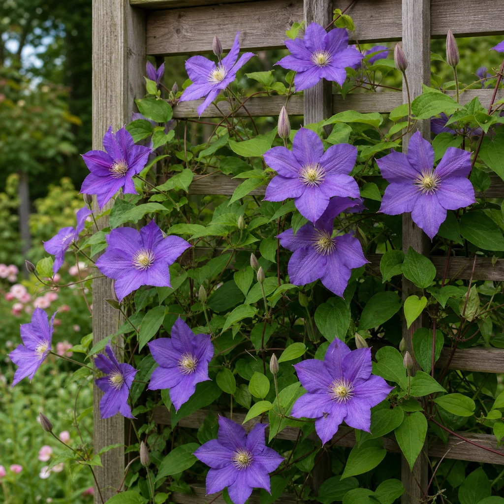 Purple clematis flowers climbing a wooden garden trellis