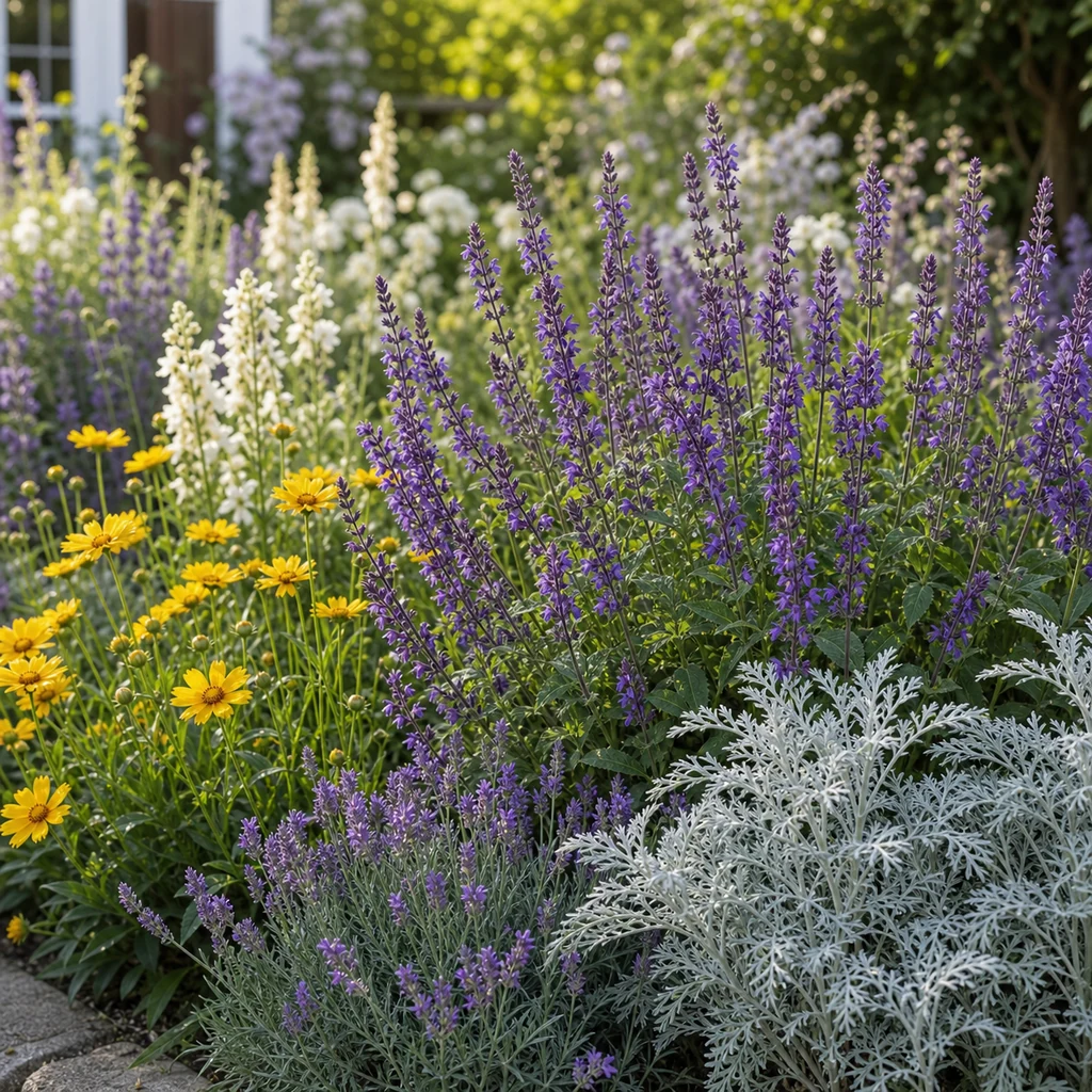 Purple flowers paired with pale yellow white blooms and silver foliage in a garden border