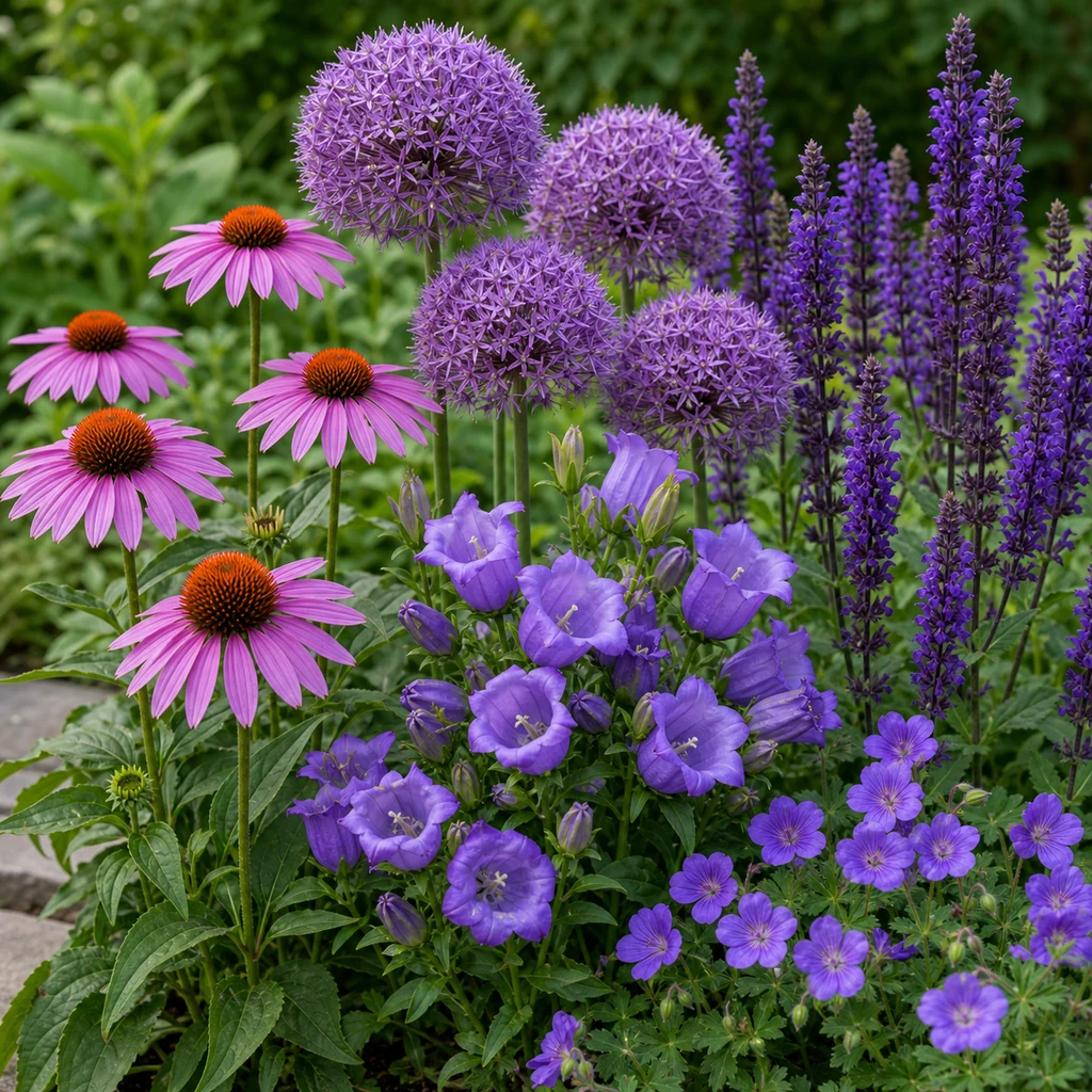 Different purple flower varieties with spikes bells globes and daisy shaped blooms