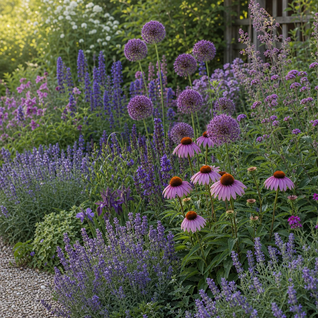 Mixed garden border with purple flowers including salvia alliums and coneflowers