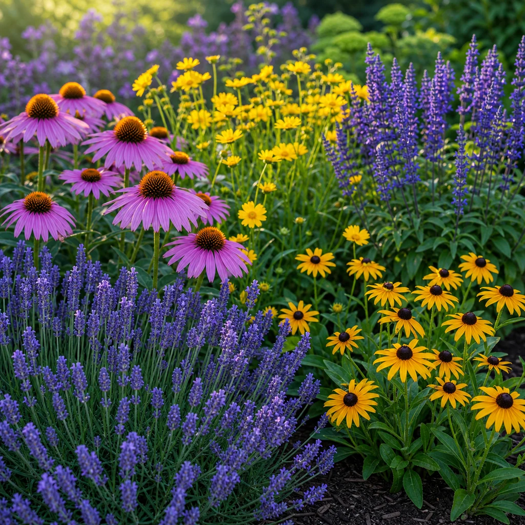 purple and yellow perennial plant combination with lavender coneflowers coreopsis and black eyed susans