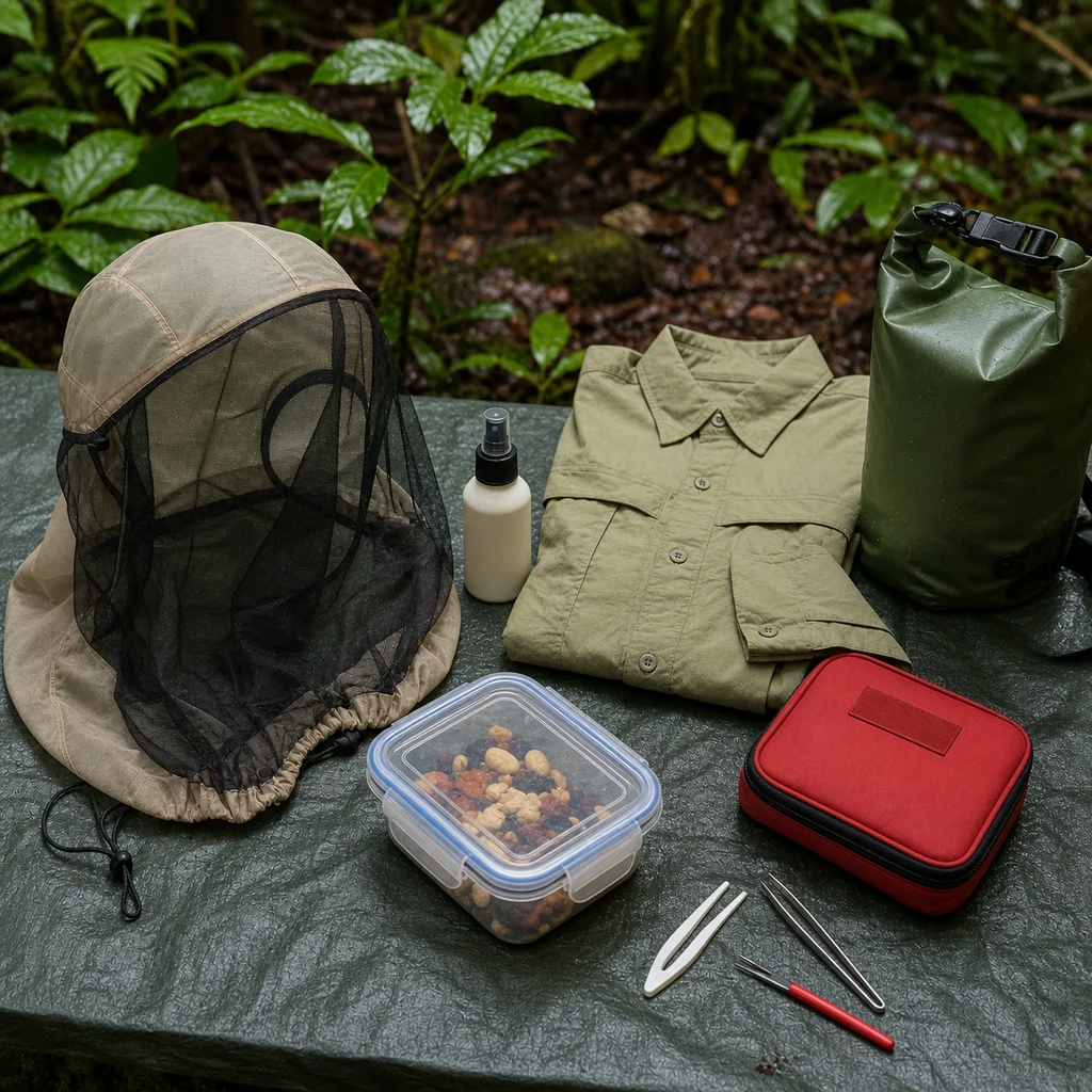 rain forest camping insect safety gear with repellent head net sealed food and first aid kit