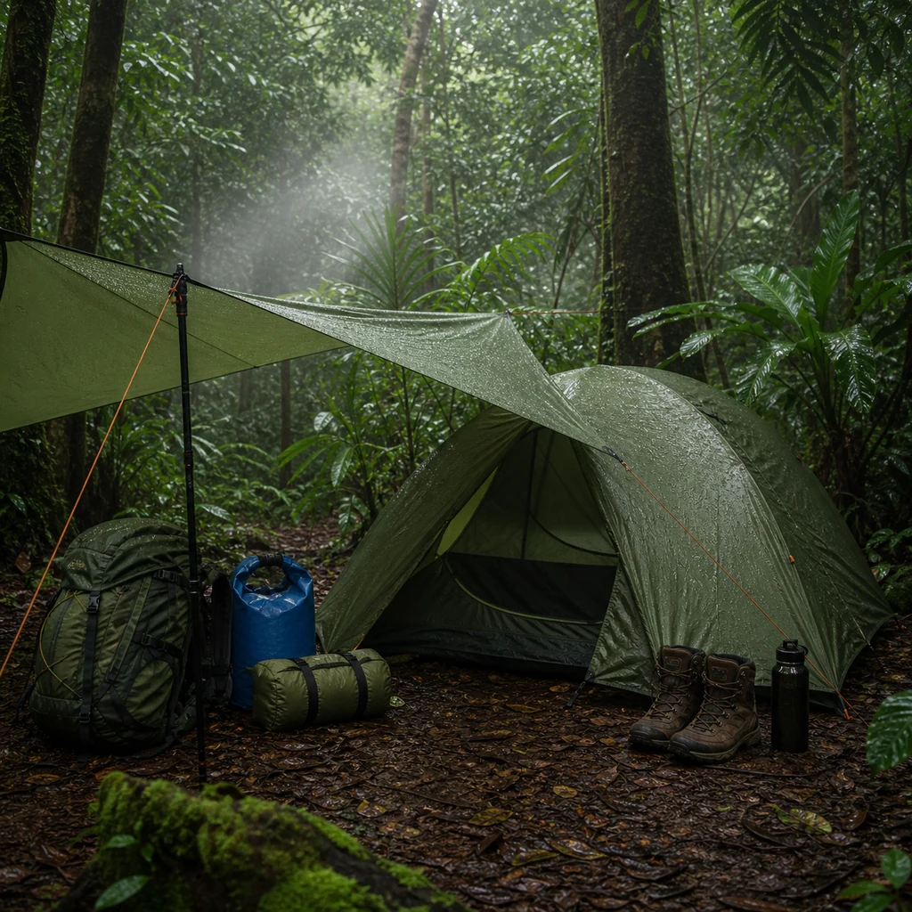 rain forest camping setup with waterproof tent tarp and dry bags