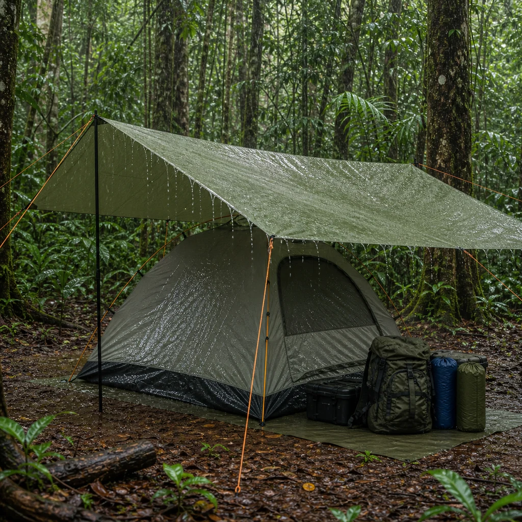 rain forest tarp shelter setup above tent with rain runoff and secured guylines