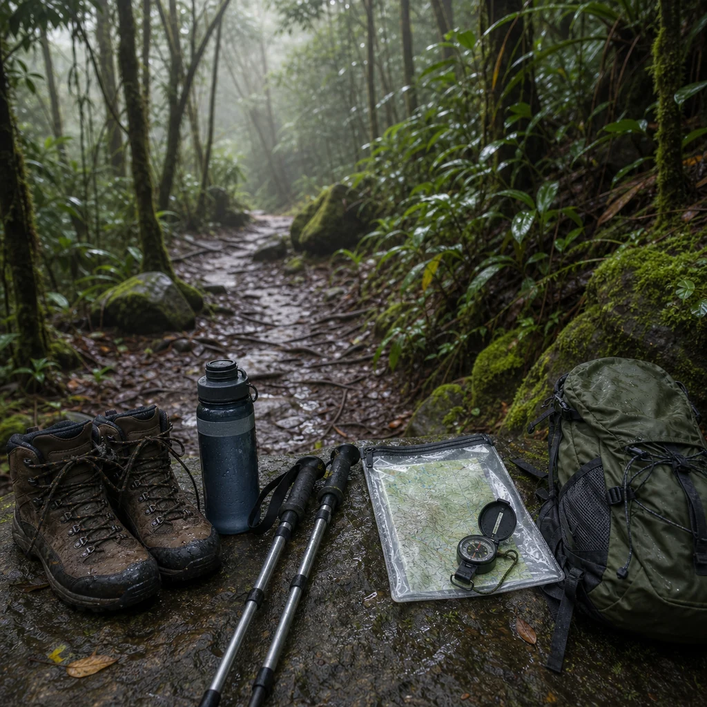rain forest trail navigation gear with waterproof map compass boots and water filter