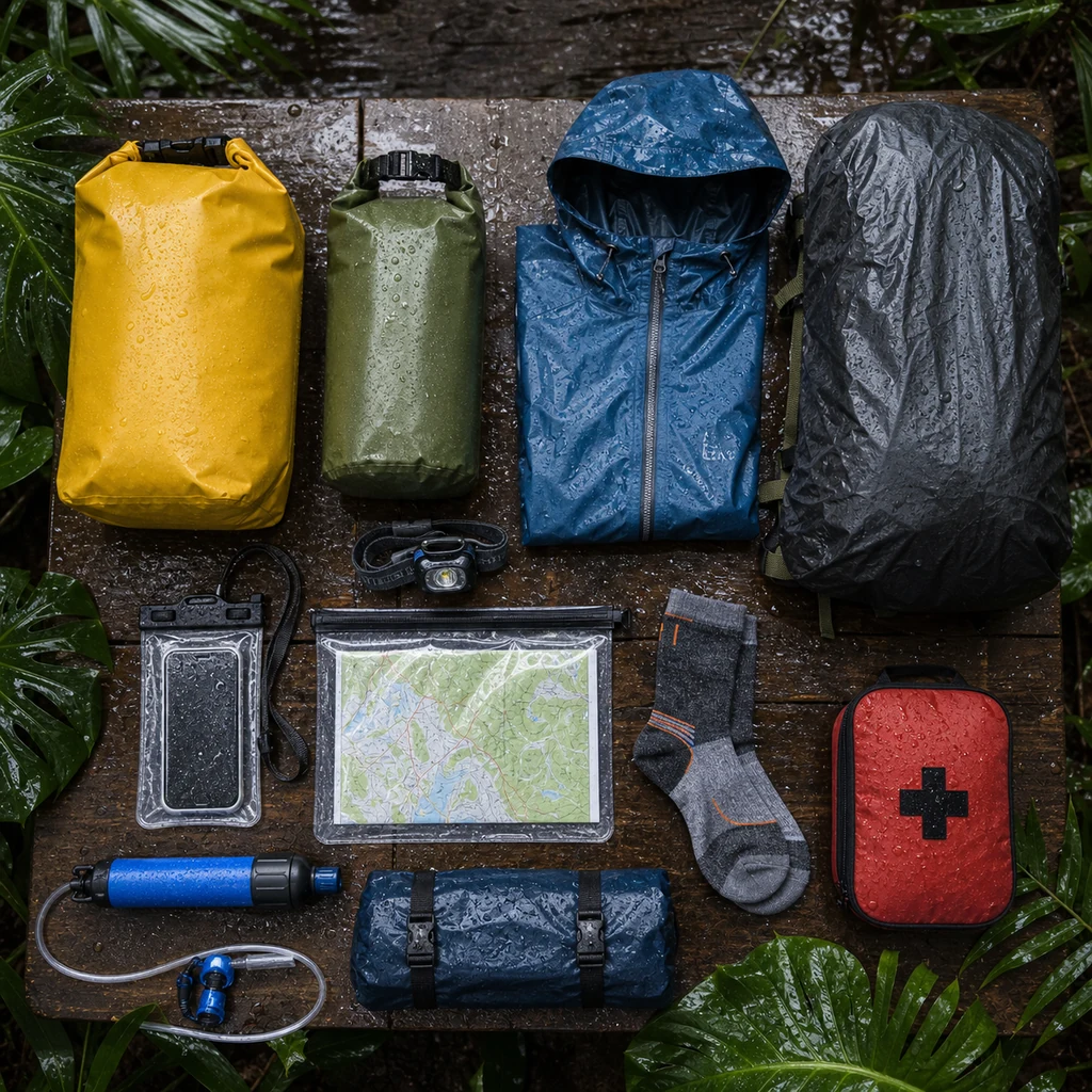 waterproof rain forest camping gear with dry bags rain jacket water filter and first aid kit