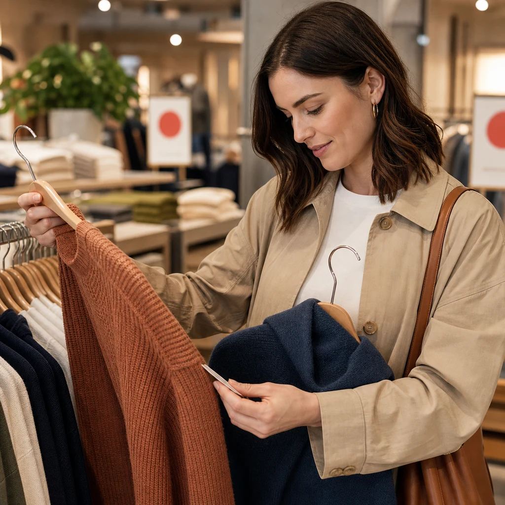 A shopper checking garment quality in a retail store before buying