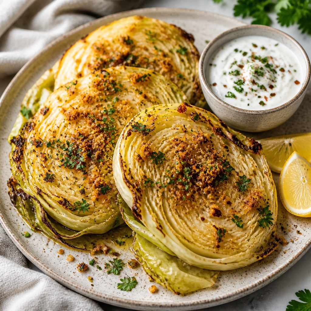 Roasted cabbage steaks served with creamy herb sauce, lemon wedges, and parsley