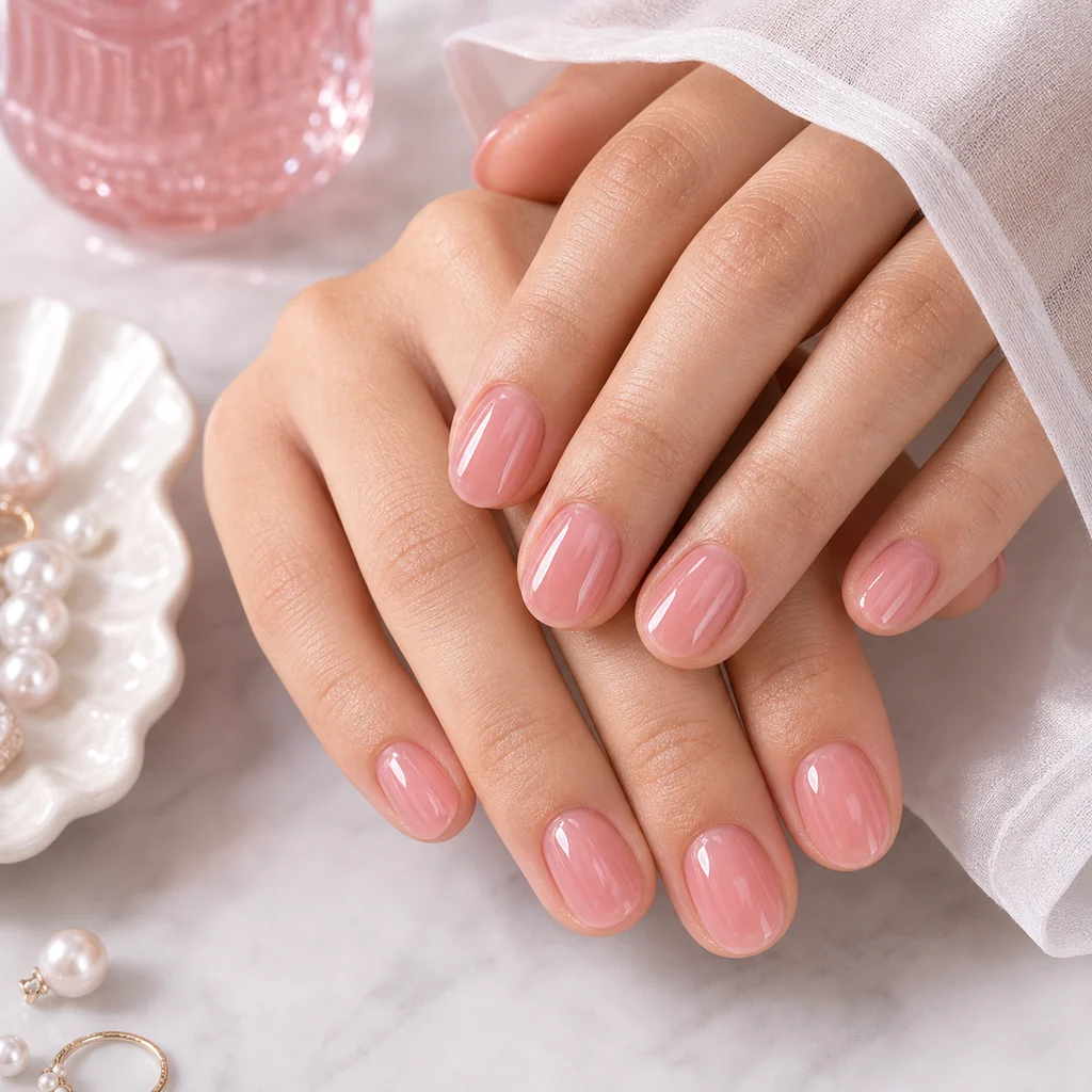 Sheer pink jelly nails with translucent glossy summer manicure