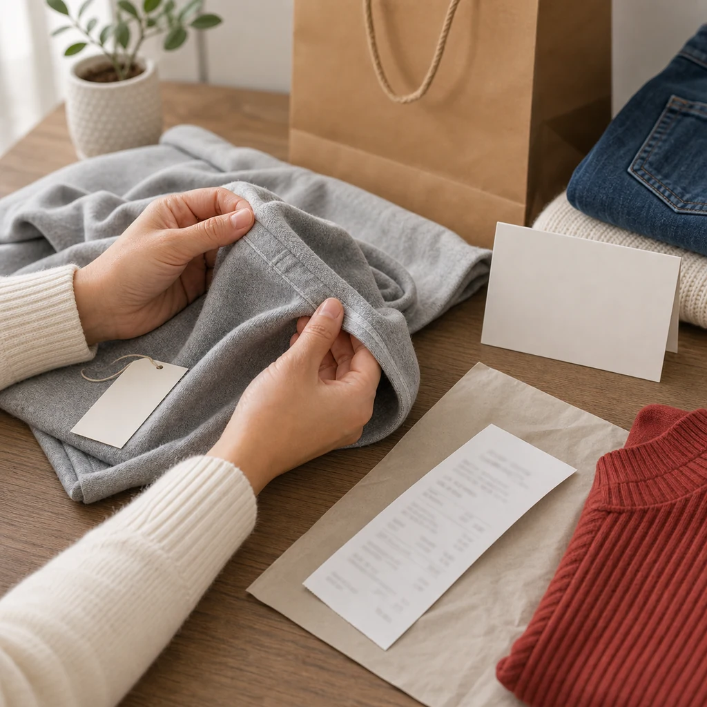 Hands inspecting clothing fabric and return details after shopping