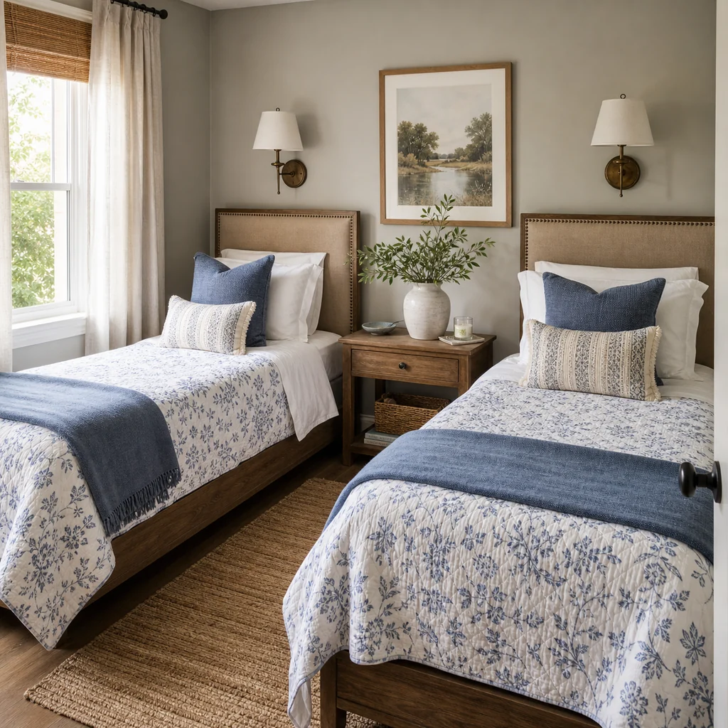 Small guest bedroom with twin beds, shared nightstand, wall sconces, and soft patterned bedding