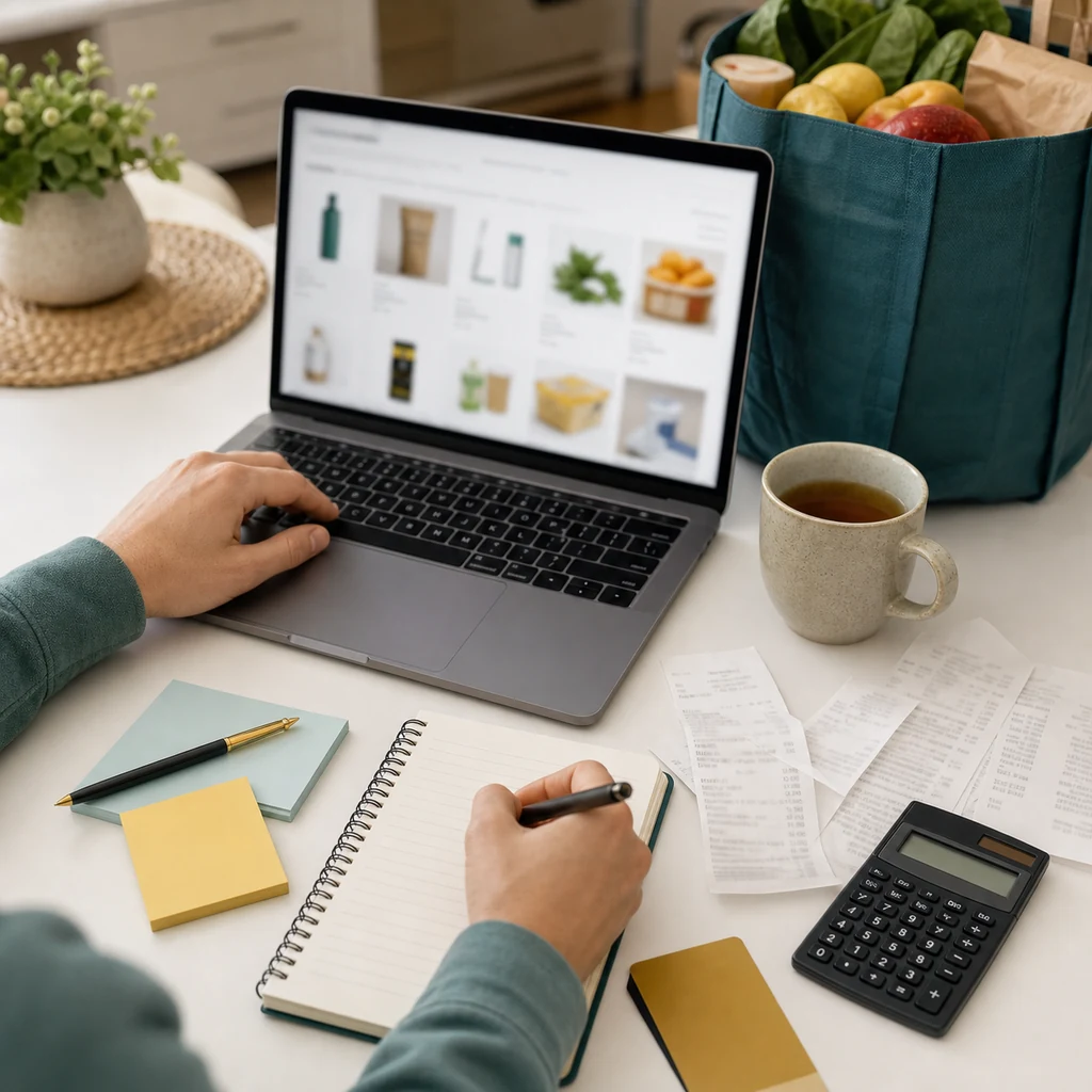 A home desk scene for comparing prices and planning a shopping budget