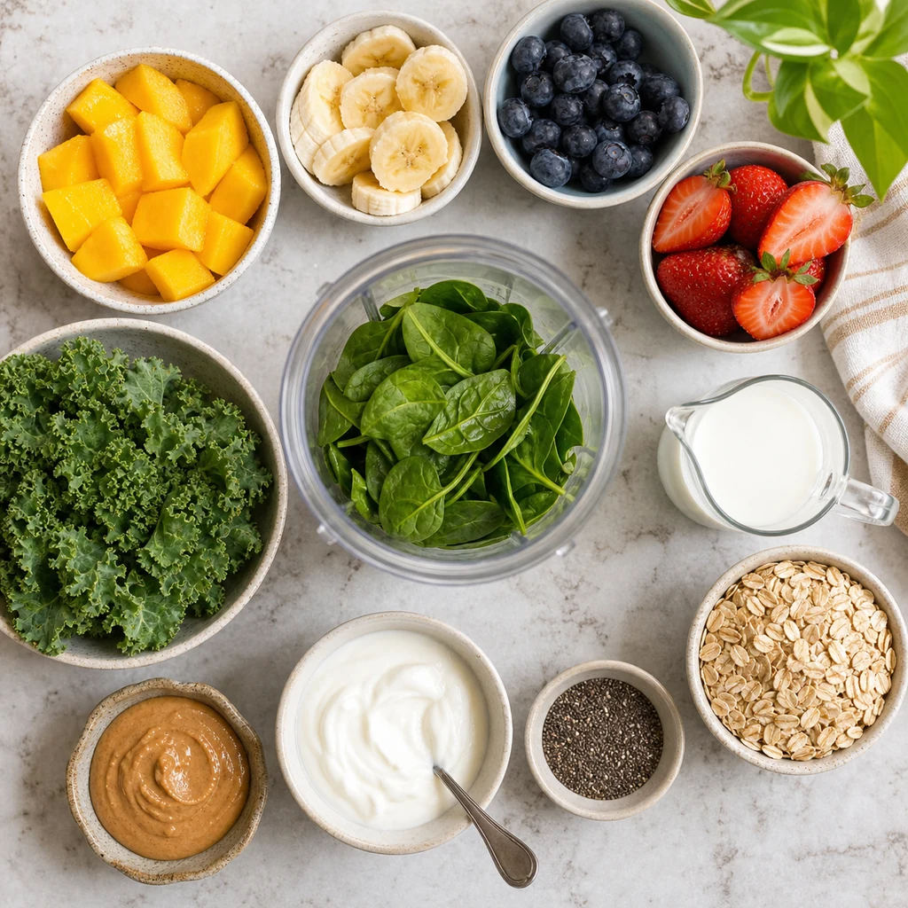 Smoothie ingredients with fruit greens Greek yogurt oats chia seeds and milk