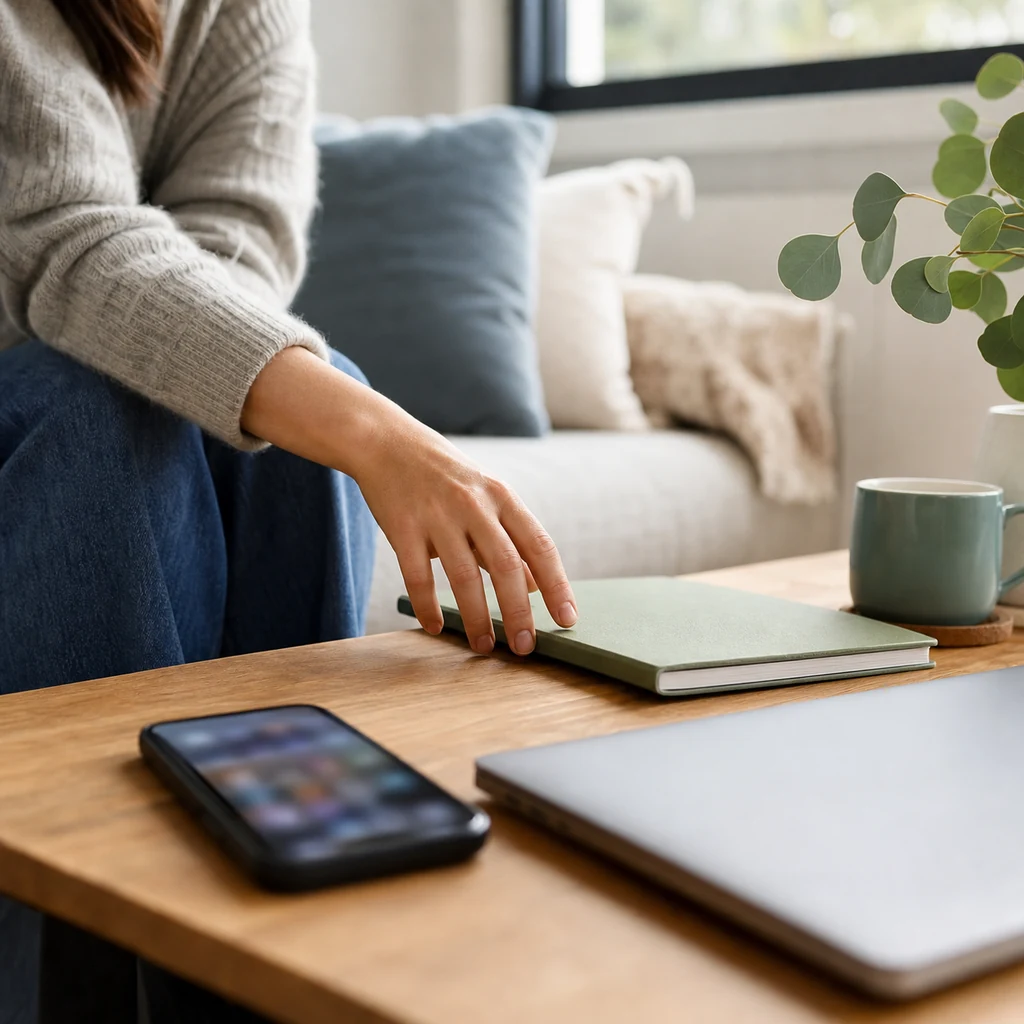 A phone and notebook scene showing a healthier response to social pressure