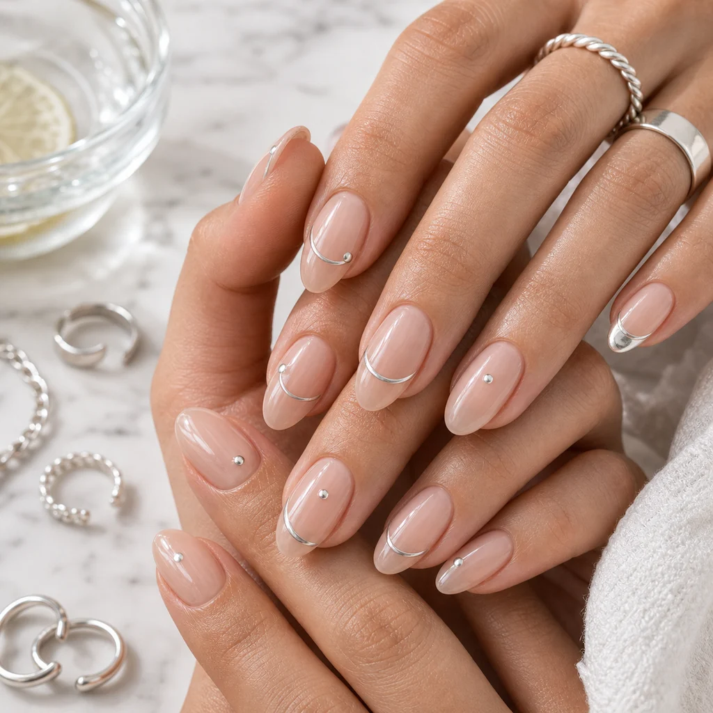 Soft silver nail details with sheer nude polish, chrome dots, and thin metallic lines